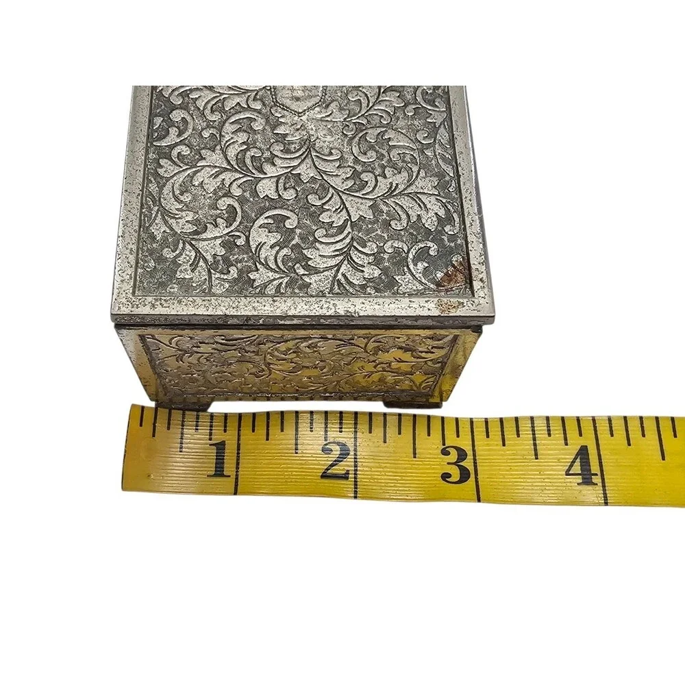 Vintage Ornate Silver Metal Decorative Music Box with Intricate Floral Engraving